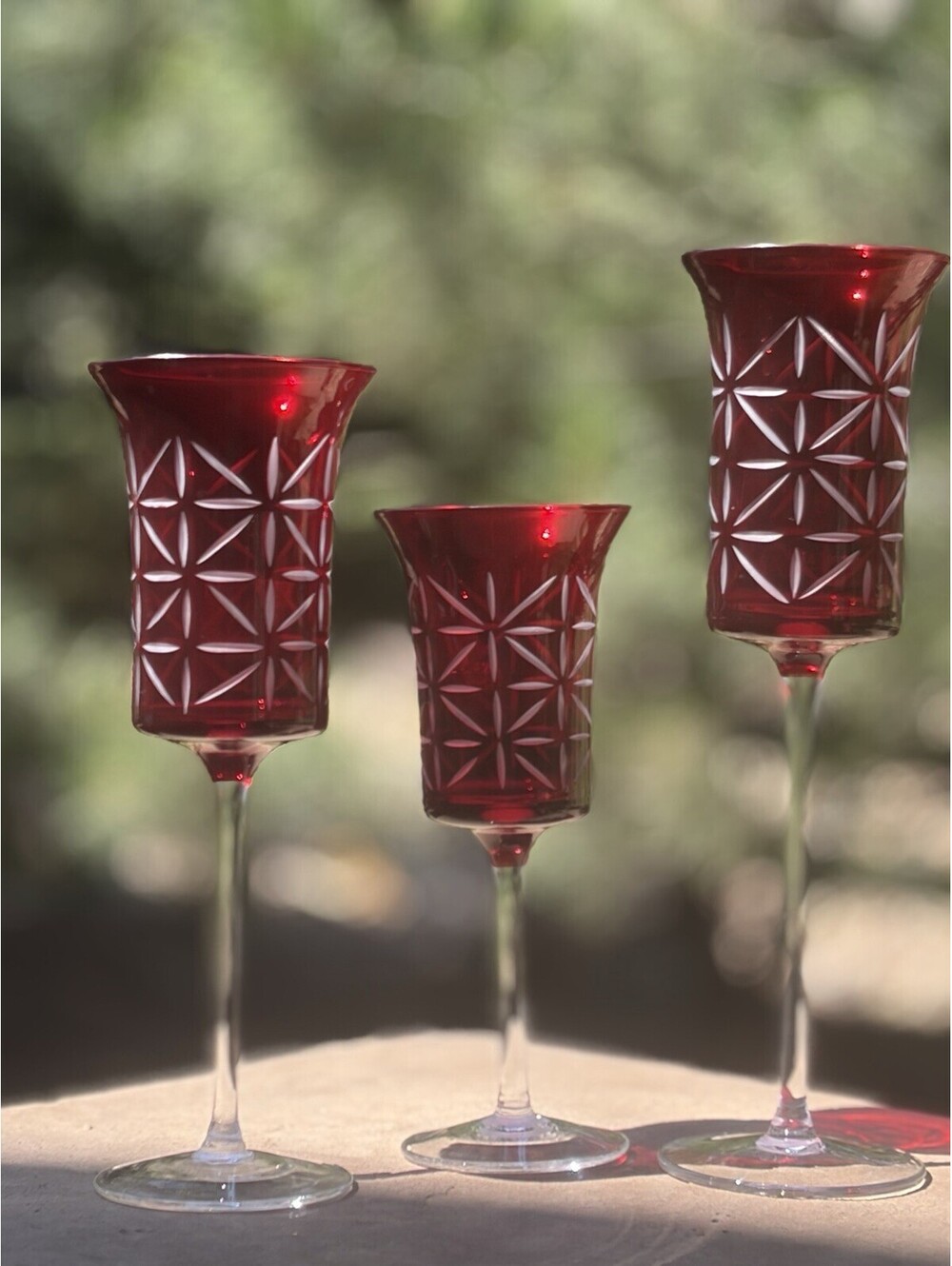 Party Lite Garnet TeaLight Holder Dark Red Cut Glass Varied Heights Stemmed TRIO